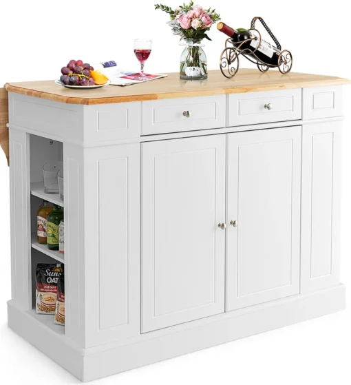 COSTWAY Kücheninsel Aus Gummiholz, Küchenschrank Klappbar Mit Ausziehbarer Arbeitsplatte, Küchenschrank Mit Schubladen, Seitenregalen, 2-türigem Schrank, 3-stufig Verstellbaren Böden