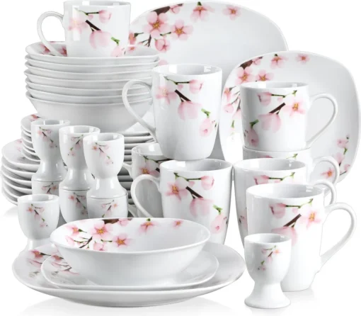 VEWEET Porzellan Kombiservice 'Annie', 40 Teilig Geschirrservice Für 8 Personen, Frühstückservice Mit Je 8 Eierbecher, Kaffeebecher 350 Ml, Müslischalen, Dessertteller Und Flachteller