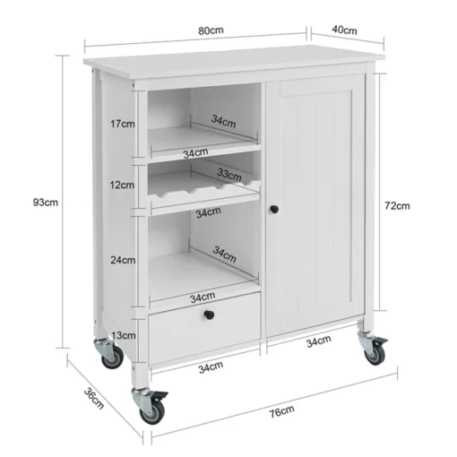 SoBuy FKW104-W Küchenwagen Servierwagen Rollwagen Mit Tür, Flaschenablage Und Schublade Weiß BHT Ca.: 80x93x40cm – Bild 4
