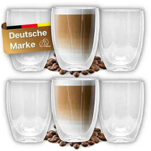 Felino® Latte Macchiato Gläser Doppelwandige Thermogläser Set [6 Stück] [350 Ml] Glas Tassen Groß Für Cappuccino, Kaffee, Espresso