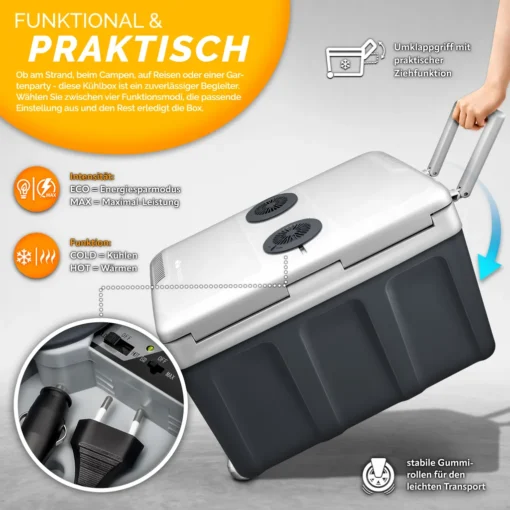 Tillvex Kühlbox Elektrisch 40L Grau Mit Rollen | Mini-Kühlschrank 230 V Und 12 V Für KFZ Auto Camping | Kühlt & Wärmt | ECO-Modus – Bild 3