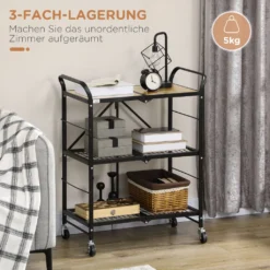 HOMCOM Rollwagen, Klappbarer Küchenwagen, Servierwagen Mit 3 Ebenen, Griff, Küchenregal Auf 4 Rollen Für Esszimmer, Wohnzimmer, Stahl, Braun+Schwarz, 68 X 35 X 85 Cm -Qualitätsladen Für Geschirr d0d474cf946109cedb6f0e01162203a2