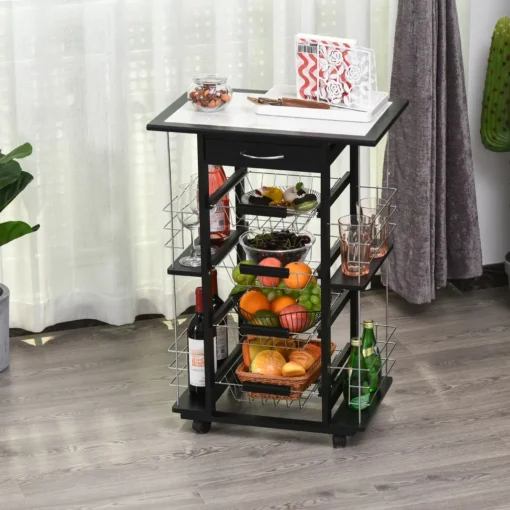 HOMCOM Servierwagen Auf Rollen, Küchenwagen Mit Arbeitsplatte Und Gewürzregal, Rollwagen, Küchentrolley, Kieferholz, Schwarz, 57 X 37 X 83 Cm – Bild 2