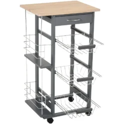 HOMCOM Küchenwagen Auf Rädern, Rollwagen Mit 2 Regalen, Servierwagen, Bastelwagen Mit Arbeitsplatte Und Gewürzregal, Rollregal Für Küche, Esszimmer, Kiefernholz, Grau, 47 X 37 X 83 Cm