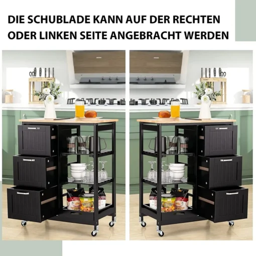 COSTWAY Küchenwagen Mit Tablett, Regalen Und 3 Großen Schubladen, Küchenschrank Rollbar, Kücheninsel Aus Kautschukholz, Servierwagen 67 X 37 X 82,5 Cm (Schwarz) – Bild 2