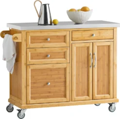 SoBuy FKW70-N Küchenwagen Servierwagen Kücheninsel Küchenschrank Aus Bambus Mit Edelstahlarbeitsplatte BHT Ca.: 115x92x46cm