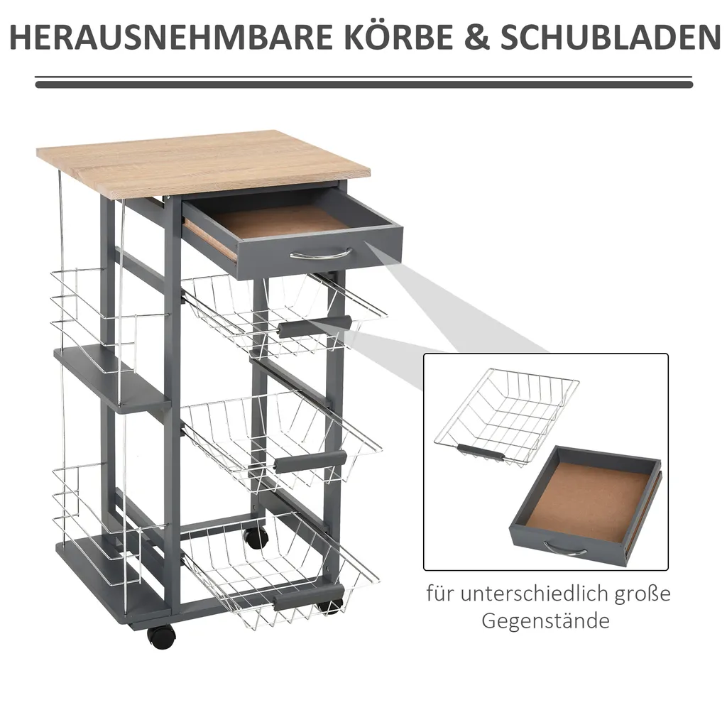 HOMCOM Küchenwagen Auf Rädern, Rollwagen Mit 2 Regalen, Servierwagen, Bastelwagen Mit Arbeitsplatte Und Gewürzregal, Rollregal Für Küche, Esszimmer, Kiefernholz, Grau, 47 X 37 X 83 Cm 12 HOMCOM Küchenwagen Auf Rädern, Rollwagen Mit 2 Regalen, Servierwagen, Bastelwagen Mit Arbeitsplatte Und Gewürzregal, Rollregal Für Küche, Esszimmer, Kiefernholz, Grau, 47 X 37 X 83 Cm – Bild 12