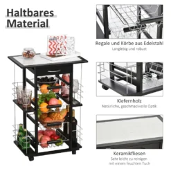 HOMCOM Servierwagen Auf Rollen, Küchenwagen Mit Arbeitsplatte Und Gewürzregal, Rollwagen, Küchentrolley, Kieferholz, Schwarz, 57 X 37 X 83 Cm -Qualitätsladen Für Geschirr d5a2b199f301c68a0e339faac46e2594