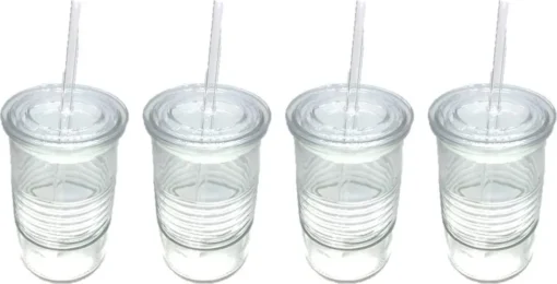Glasbecher Mit Deckel & Glashalm, 4er Set 440 Ml, Spülmaschinenfest, Trinkglas, Transparent