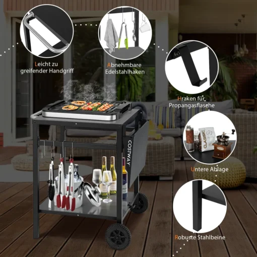COSTWAY Grilltisch Mit Klappbarer Tischplatte, Beweglicher Campingtisch Mit 2 Ablagen & 4 Haken, Metall Grillwagen Für Außenbereich, Rollwagen Zum Grillen & Outdoorküche, Zubereitungswagen Schwarz – Bild 5
