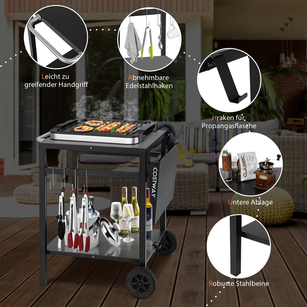 COSTWAY Grilltisch Mit Klappbarer Tischplatte, Beweglicher Campingtisch Mit 2 Ablagen & 4 Haken, Metall Grillwagen Für Außenbereich, Rollwagen Zum Grillen & Outdoorküche, Zubereitungswagen Schwarz 5 COSTWAY Grilltisch Mit Klappbarer Tischplatte, Beweglicher Campingtisch Mit 2 Ablagen & 4 Haken, Metall Grillwagen Für Außenbereich, Rollwagen Zum Grillen & Outdoorküche, Zubereitungswagen Schwarz – Bild 5