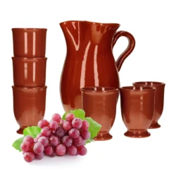 7tlg.-Set: Tonkrug 1.9L + 6 Tonbecher 175ml Ton-Geschirr Rotbraun Glasiert Servier-Kanne Tassen