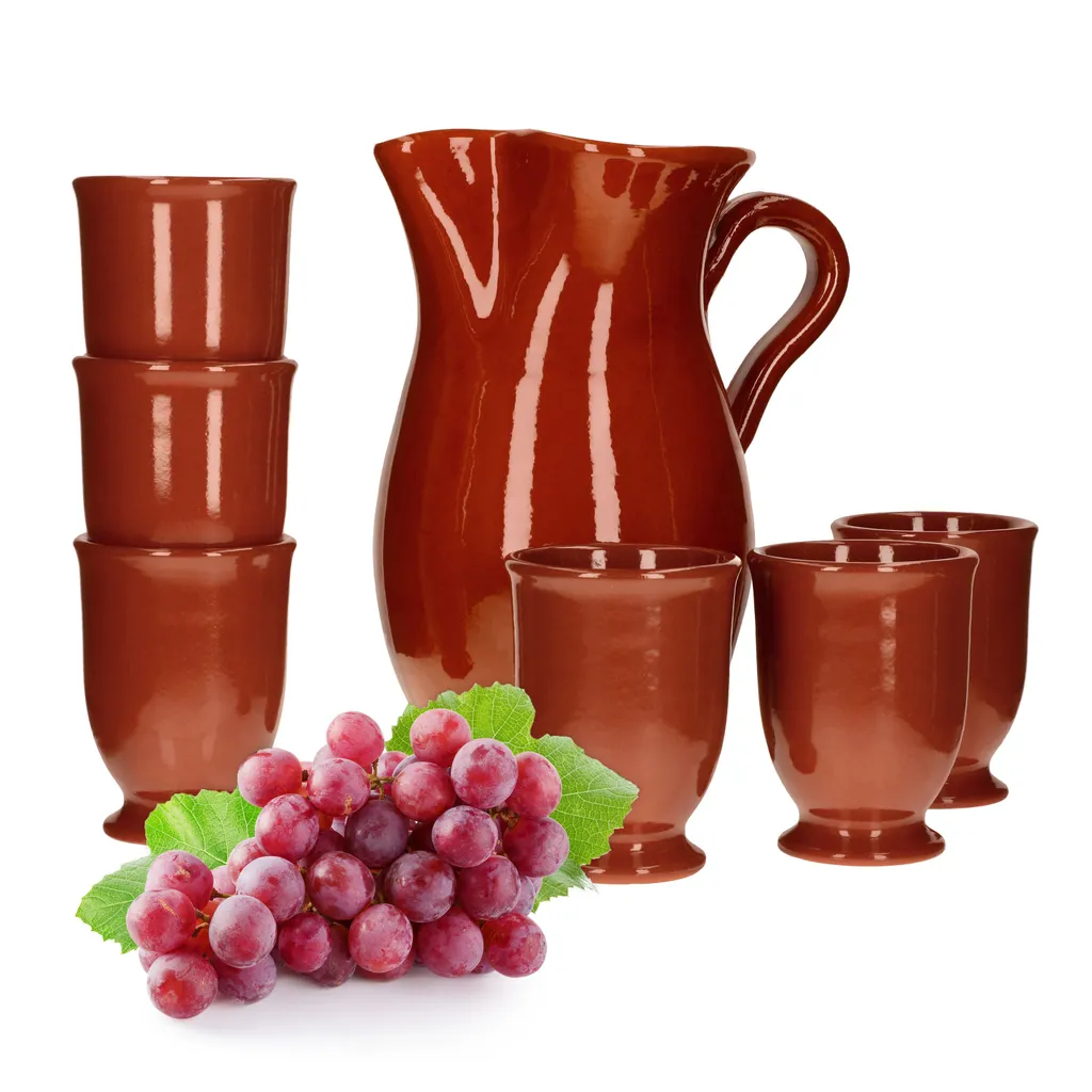 7tlg.-Set: Tonkrug 1.9L + 6 Tonbecher 175ml Ton-Geschirr Rotbraun Glasiert Servier-Kanne Tassen 1 7tlg.-Set: Tonkrug 1.9L + 6 Tonbecher 175ml Ton-Geschirr Rotbraun Glasiert Servier-Kanne Tassen