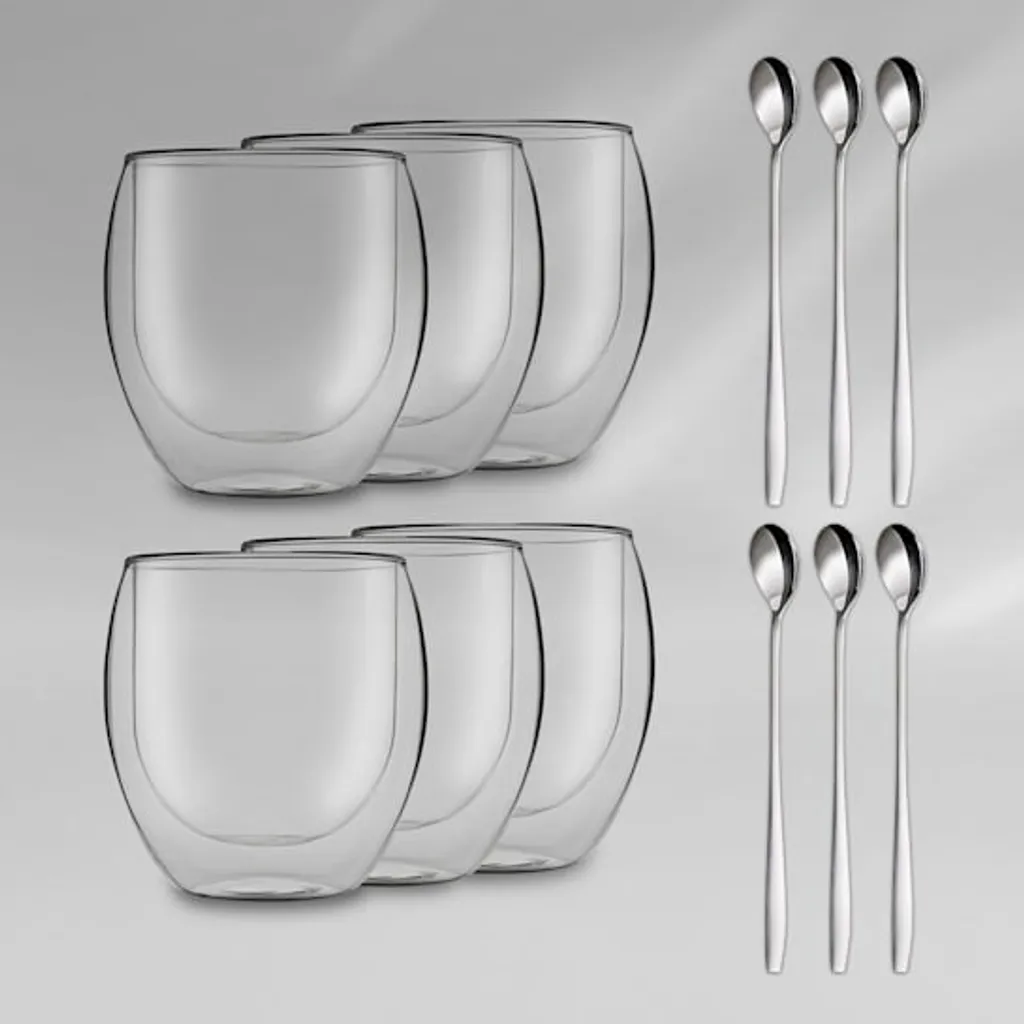 DUOS 6X 410ml Jumbo Doppelwandige Thermo-Gläser + 6X Edelstahl-LÖFFEL, Für Latte Macchiato, Cocktails, Vorspeisen By Feelino 1 DUOS 6X 410ml Jumbo Doppelwandige Thermo-Gläser + 6X Edelstahl-LÖFFEL, Für Latte Macchiato, Cocktails, Vorspeisen By Feelino