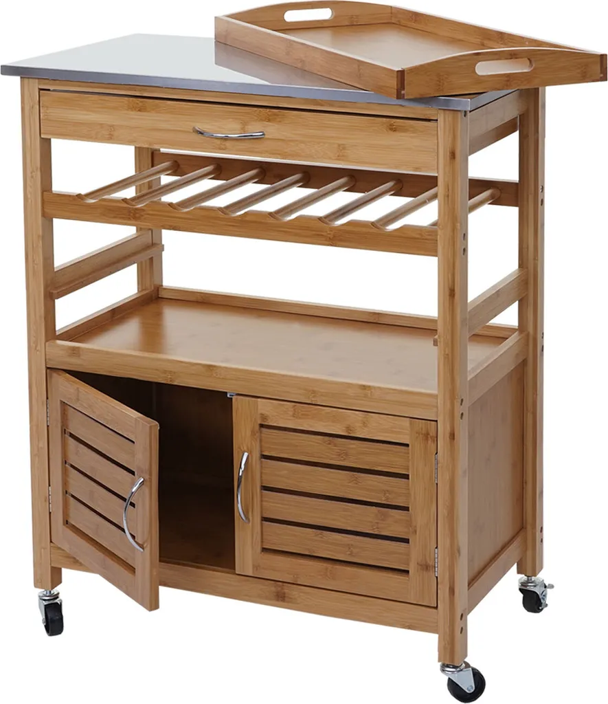 Servierwagen HWC-D15, Küchenwagen Barwagen Rollwagen Küchenhelfer Beistellwagen, Bambus Mit Edelstahlplatte 89x70x37cm 4 Servierwagen HWC-D15, Küchenwagen Barwagen Rollwagen Küchenhelfer Beistellwagen, Bambus Mit Edelstahlplatte 89x70x37cm – Bild 4