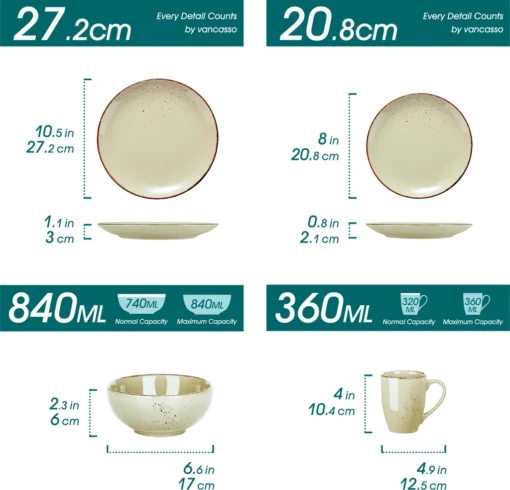 Vancasso Tafelservice Set, Navia Geschirrset Aus Steingut, 16 Teilig Kombiservice, Vintage Aussehen, Natur Design – Bild 2