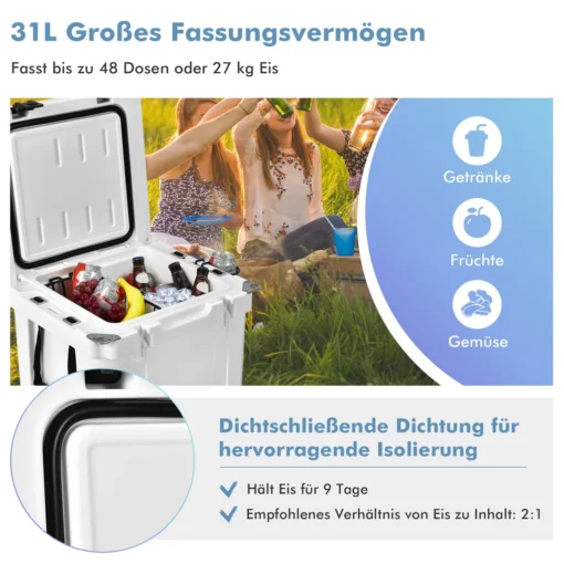 COSTWAY 31L Kühlbox Strapazierfähig Kühler Mit Korb & Getränkehalter Griffen & Fischlineal Eiskühler Tragbar Kälte Bis 9 Tage Weiß – Bild 3