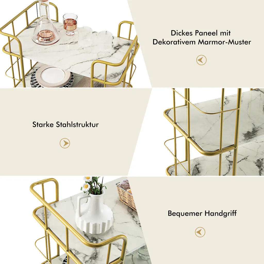 COSTWAY Küchenwagen Mit Universalrädern, Servierwagen 3 Ablagen, Marmor-Optik Barwagen Modern, Mobiler Rollwagen, Haushaltswagen Metallrahmen, Mehrzweckwagen Für Haus, Restaurant, Allzweckwagen Golden 5 COSTWAY Küchenwagen Mit Universalrädern, Servierwagen 3 Ablagen, Marmor-Optik Barwagen Modern, Mobiler Rollwagen, Haushaltswagen Metallrahmen, Mehrzweckwagen Für Haus, Restaurant, Allzweckwagen Golden – Bild 5