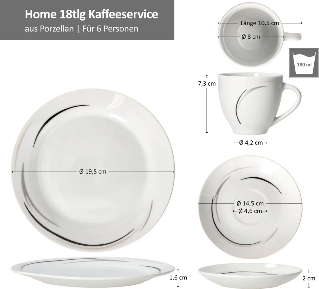 Van Well 18tlg. Kaffee-Service Home Für 6 Personen I 6x Tasse 180ml, 6x Untertasse + 6x Kuchenteller I Porzellan-Geschirr Mit Streifen In Grau, Schwarz & Creme I Kaffeepott, Dessert-Teller 7 Van Well 18tlg. Kaffee-Service Home Für 6 Personen I 6x Tasse 180ml, 6x Untertasse + 6x Kuchenteller I Porzellan-Geschirr Mit Streifen In Grau, Schwarz & Creme I Kaffeepott, Dessert-Teller – Bild 7