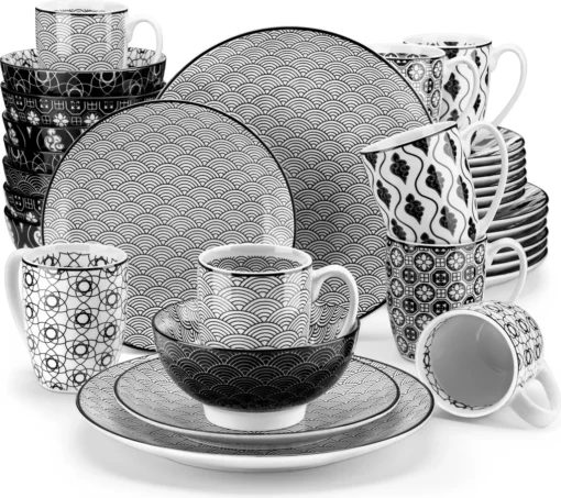 Vancasso, Haruka Porzellan Geschirrservice, 32-teilig Rund Kombiservice Geschirrset Tafelservice Für 8 Personen, Schwarz