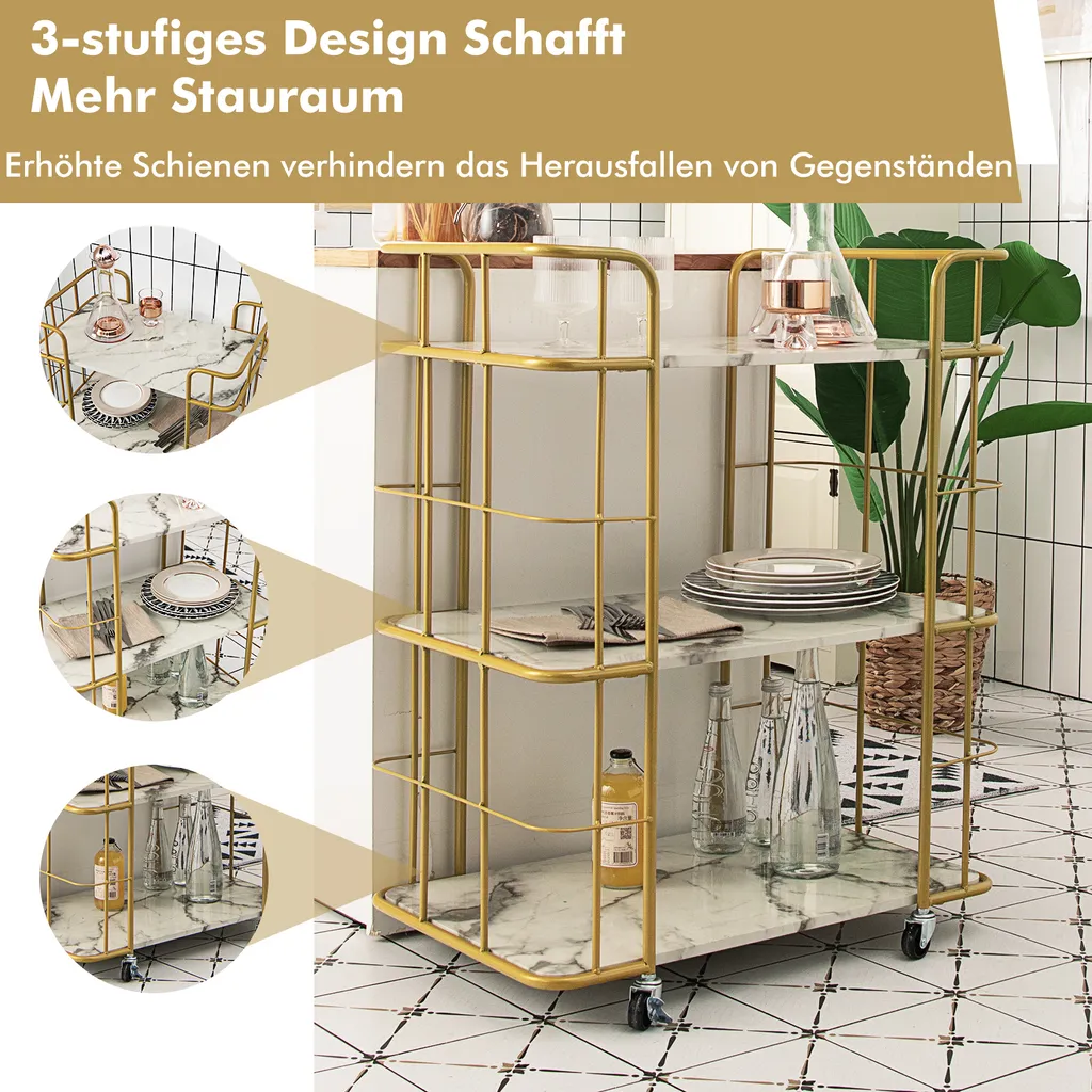 COSTWAY Küchenwagen Mit Universalrädern, Servierwagen 3 Ablagen, Marmor-Optik Barwagen Modern, Mobiler Rollwagen, Haushaltswagen Metallrahmen, Mehrzweckwagen Für Haus, Restaurant, Allzweckwagen Golden 3 COSTWAY Küchenwagen Mit Universalrädern, Servierwagen 3 Ablagen, Marmor-Optik Barwagen Modern, Mobiler Rollwagen, Haushaltswagen Metallrahmen, Mehrzweckwagen Für Haus, Restaurant, Allzweckwagen Golden – Bild 3