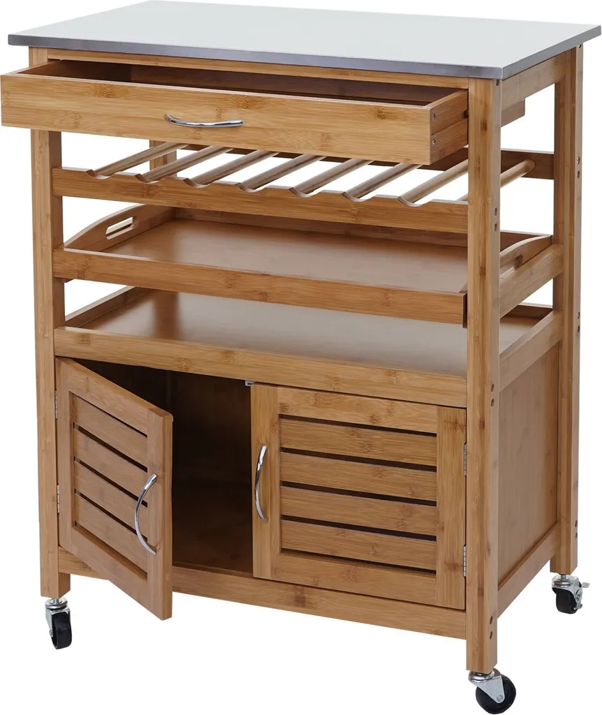 Servierwagen HWC-D15, Küchenwagen Barwagen Rollwagen Küchenhelfer Beistellwagen, Bambus Mit Edelstahlplatte 89x70x37cm 2 Servierwagen HWC-D15, Küchenwagen Barwagen Rollwagen Küchenhelfer Beistellwagen, Bambus Mit Edelstahlplatte 89x70x37cm – Bild 2