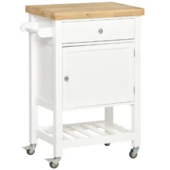 HOMCOM Küchenwagen Küchenrollwagen Servierwagen Mit Einer Schublade Geschlossenen Schrank Regalboden Und Handtuchhalter 4 Lenkrollen MDF Gummiholz Weiß+Eiche 63,5 X 40 X 90 Cm