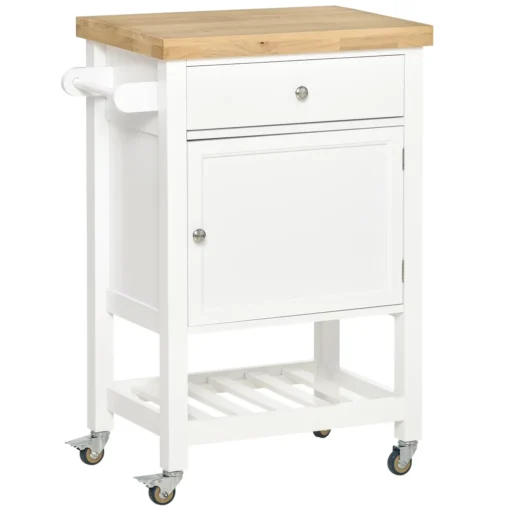 HOMCOM Küchenwagen Küchenrollwagen Servierwagen Mit Einer Schublade Geschlossenen Schrank Regalboden Und Handtuchhalter 4 Lenkrollen MDF Gummiholz Weiß+Eiche 63,5 X 40 X 90 Cm