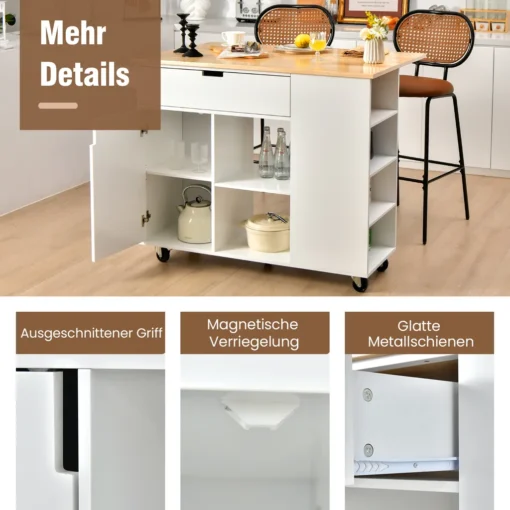COSTWAY Küchenwagen Mit Ausziehbarer Arbeitsfläche, Servierwagen Auf Rollen, Kücheninselwagen Holz, Küchenschrank Mit Ablagen & Schublade & Gewürzregal, Küchentrolley Für Küche Esszimmer (Weiß) – Bild 6