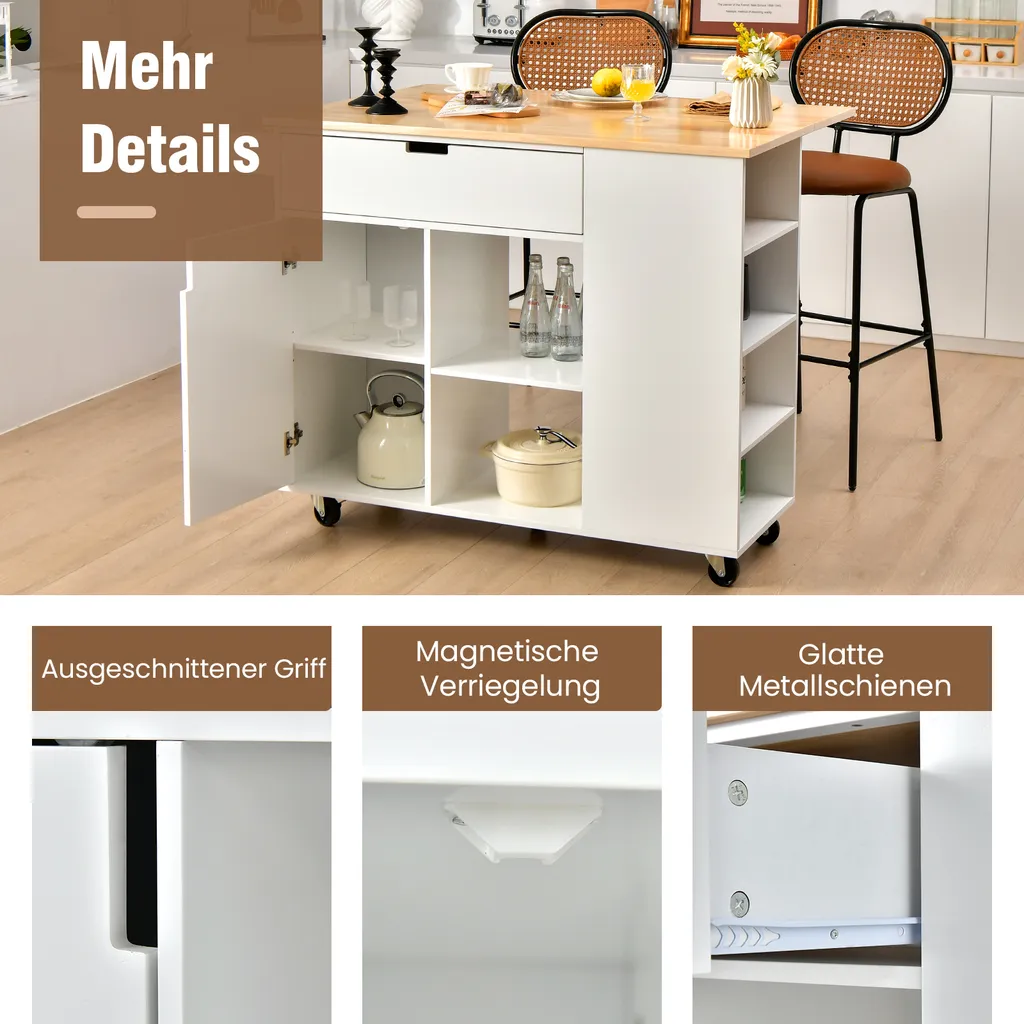 COSTWAY Küchenwagen Mit Ausziehbarer Arbeitsfläche, Servierwagen Auf Rollen, Kücheninselwagen Holz, Küchenschrank Mit Ablagen & Schublade & Gewürzregal, Küchentrolley Für Küche Esszimmer (Weiß) 6 COSTWAY Küchenwagen Mit Ausziehbarer Arbeitsfläche, Servierwagen Auf Rollen, Kücheninselwagen Holz, Küchenschrank Mit Ablagen & Schublade & Gewürzregal, Küchentrolley Für Küche Esszimmer (Weiß) – Bild 6