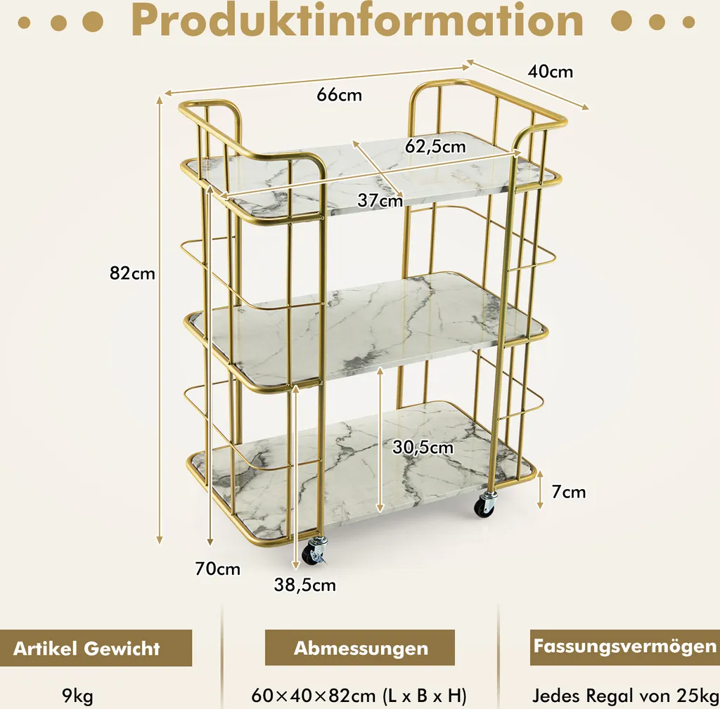 COSTWAY Küchenwagen Mit Universalrädern, Servierwagen 3 Ablagen, Marmor-Optik Barwagen Modern, Mobiler Rollwagen, Haushaltswagen Metallrahmen, Mehrzweckwagen Für Haus, Restaurant, Allzweckwagen Golden 6 COSTWAY Küchenwagen Mit Universalrädern, Servierwagen 3 Ablagen, Marmor-Optik Barwagen Modern, Mobiler Rollwagen, Haushaltswagen Metallrahmen, Mehrzweckwagen Für Haus, Restaurant, Allzweckwagen Golden – Bild 6