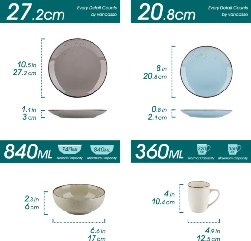 Vancasso Navia Nature 16 Teilig Kombiservice, Geschirrset Aus Steingut In 4 Farbkombi (Erdfarben, Hellblau, Cremefarben, Beige), Vintage Design – Bild 2