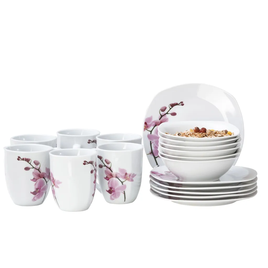 Frühstücksset 18-tlg. Kyoto Orchidee Leicht Eckig Porzellan Für 6 Personen Weiß MitNachbildung 1 Frühstücksset 18-tlg. Kyoto Orchidee Leicht Eckig Porzellan Für 6 Personen Weiß MitNachbildung