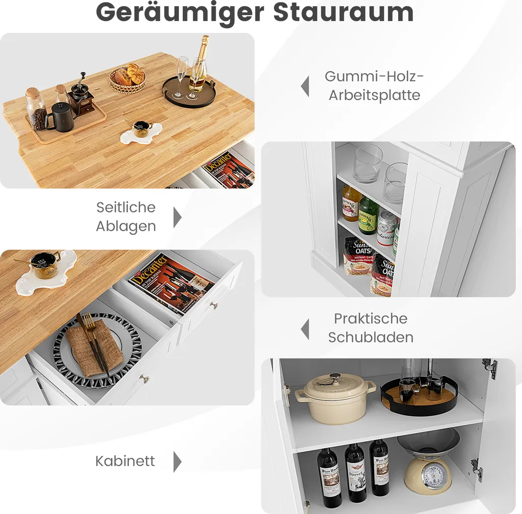 COSTWAY Kücheninsel Aus Gummiholz, Küchenschrank Klappbar Mit Ausziehbarer Arbeitsplatte, Küchenschrank Mit Schubladen, Seitenregalen, 2-türigem Schrank, 3-stufig Verstellbaren Böden 5 COSTWAY Kücheninsel Aus Gummiholz, Küchenschrank Klappbar Mit Ausziehbarer Arbeitsplatte, Küchenschrank Mit Schubladen, Seitenregalen, 2-türigem Schrank, 3-stufig Verstellbaren Böden – Bild 5