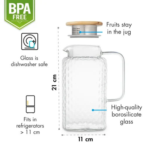 Klarstein Glaswerk Livenza Wasserkrug Glaskaraffe Glaskrug Mit Deckel Wasserkaraffe , Volumen: 1,5 Liter , Deckel Aus Eichenholz , Borosilikatglas , Edelstahlsieb , Transparent – Bild 7