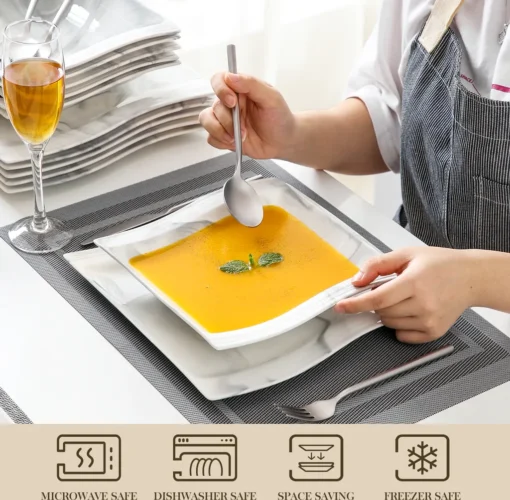 MALACASA, Serie Flora, Marmor Porzellan Tafelservice 12 Teiligen Set Kombiservice Geschirrset Mit Je 6 Speiseteller Und 6 Suppenteller Für 6 Personen – Bild 3