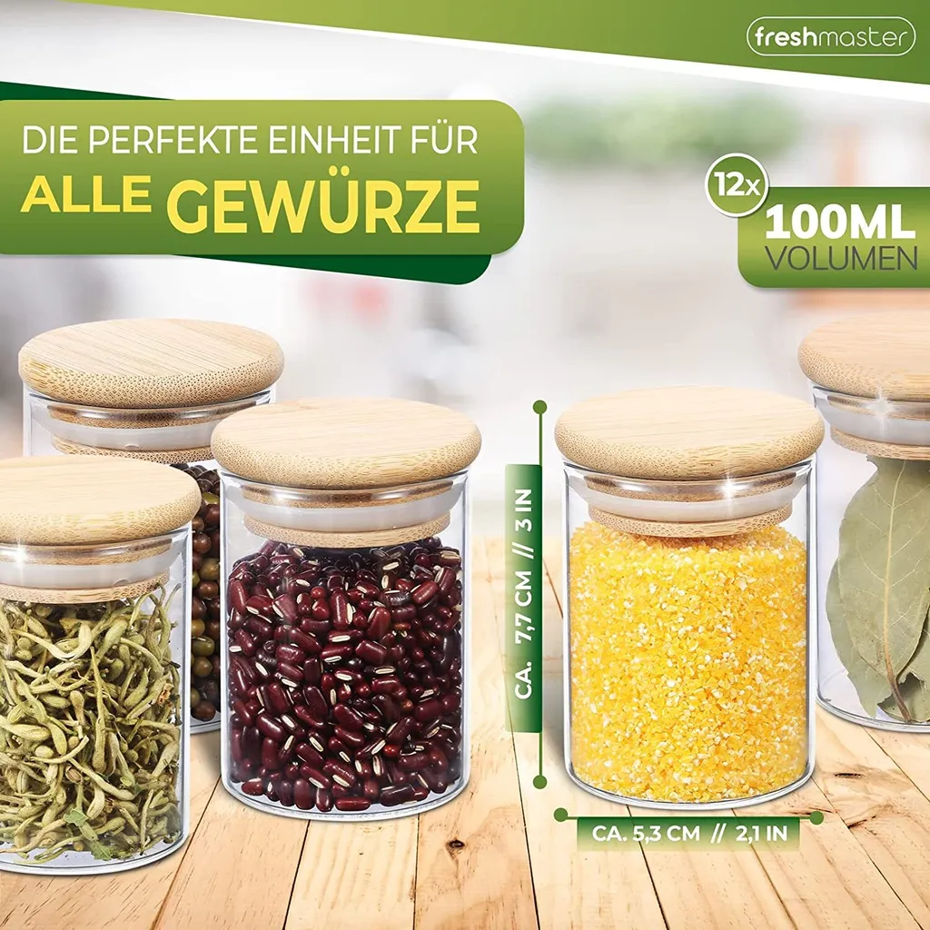 Freshmaster Gewürzgläser Set Aufbewahrung Gewürze I 12x 100ml Vorratsdosen Glas Mit LongLife+ Dichtung Und Bruchsicherem Borosilikat Glas I Glasbehälter Mit Deckel Gläser Gewürze Set Spice Jars 2 Freshmaster Gewürzgläser Set Aufbewahrung Gewürze I 12x 100ml Vorratsdosen Glas Mit LongLife+ Dichtung Und Bruchsicherem Borosilikat Glas I Glasbehälter Mit Deckel Gläser Gewürze Set Spice Jars – Bild 2