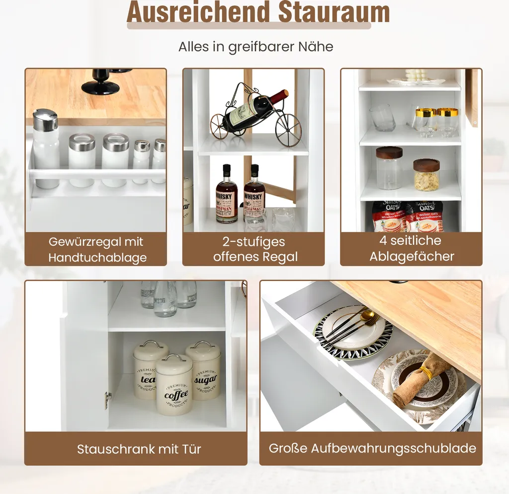 COSTWAY Küchenwagen Mit Ausziehbarer Arbeitsfläche, Servierwagen Auf Rollen, Kücheninselwagen Holz, Küchenschrank Mit Ablagen & Schublade & Gewürzregal, Küchentrolley Für Küche Esszimmer (Weiß) 3 COSTWAY Küchenwagen Mit Ausziehbarer Arbeitsfläche, Servierwagen Auf Rollen, Kücheninselwagen Holz, Küchenschrank Mit Ablagen & Schublade & Gewürzregal, Küchentrolley Für Küche Esszimmer (Weiß) – Bild 3