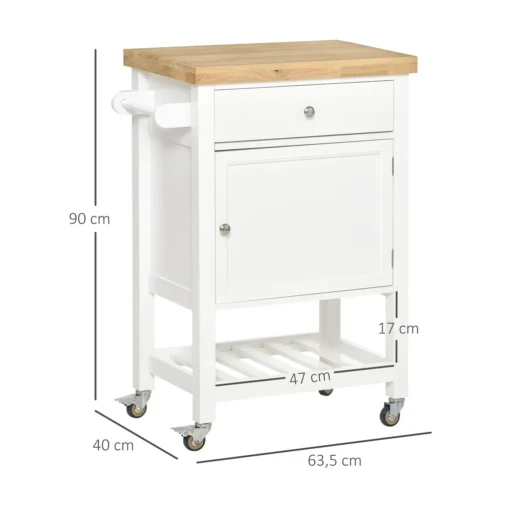 HOMCOM Küchenwagen Küchenrollwagen Servierwagen Mit Einer Schublade Geschlossenen Schrank Regalboden Und Handtuchhalter 4 Lenkrollen MDF Gummiholz Weiß+Eiche 63,5 X 40 X 90 Cm – Bild 3