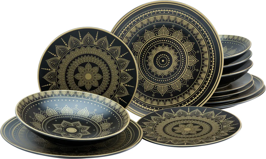 CreaTable 23588 Tafelservice Mandala Für 4 Personen, Steinzeug, Schwarz/gold (1 Set, 12-teilig) 3 CreaTable 23588 Tafelservice Mandala Für 4 Personen, Steinzeug, Schwarz/gold (1 Set, 12-teilig) – Bild 3