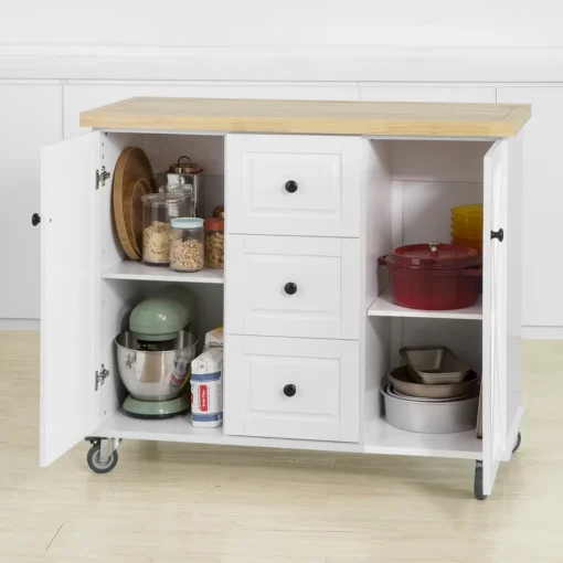 SoBuy FKW96-WN Kücheninsel Mit Arbeitsplatte Küchenwagen Mit 2 Türen Küchenschrank Mit 3 Schubladen Sideboard Weiß BHT Ca.: 116x93x46cm – Bild 3