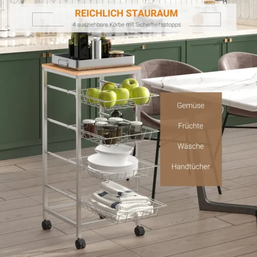 HOMCOM Servierwagen, Küchenwagen Mit Metallkörben, Küchentrolley, Beistellwagen, Silber, 36,5 X 36,5 X 89 Cm – Bild 4