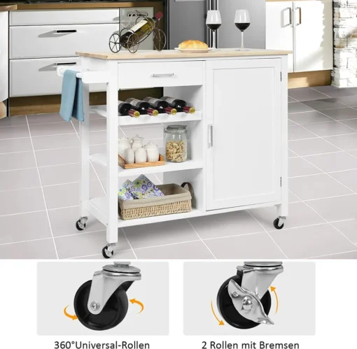 COSTWAY Küchenwagen Auf Rollen, Kücheninsel Mit Schublade, Weinregal, Offene Regale & Handtuchhalter, Platzsparender Servierwagen, Für Küche, Esszimmer, Bar, Weiß – Bild 6