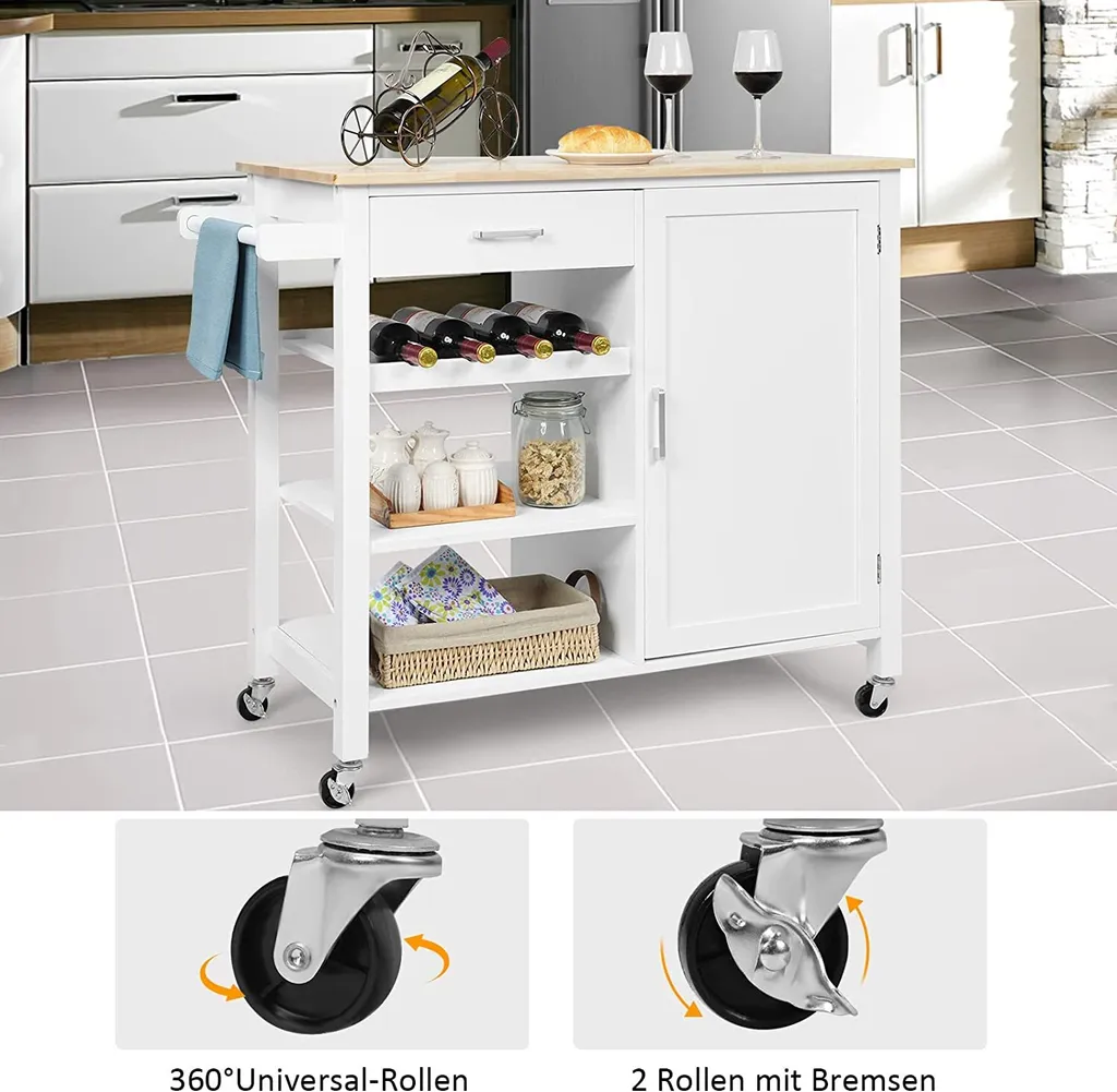 COSTWAY Küchenwagen Auf Rollen, Kücheninsel Mit Schublade, Weinregal, Offene Regale & Handtuchhalter, Platzsparender Servierwagen, Für Küche, Esszimmer, Bar, Weiß 6 COSTWAY Küchenwagen Auf Rollen, Kücheninsel Mit Schublade, Weinregal, Offene Regale & Handtuchhalter, Platzsparender Servierwagen, Für Küche, Esszimmer, Bar, Weiß – Bild 6