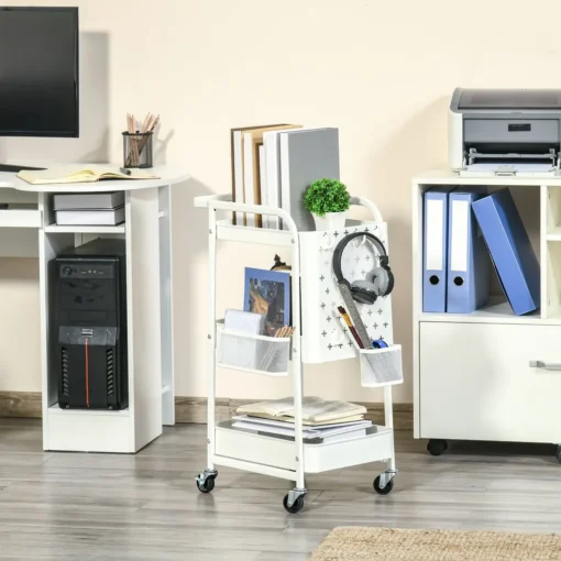 HOMCOM Rollwagen3-Etagen Küchenwagen Mit Schubladen Und Korb Für Küche Büro Schlafzimmer Wohnzimmer Stahl Weiß 51,5 X 32 X 75,6 Cm – Bild 2