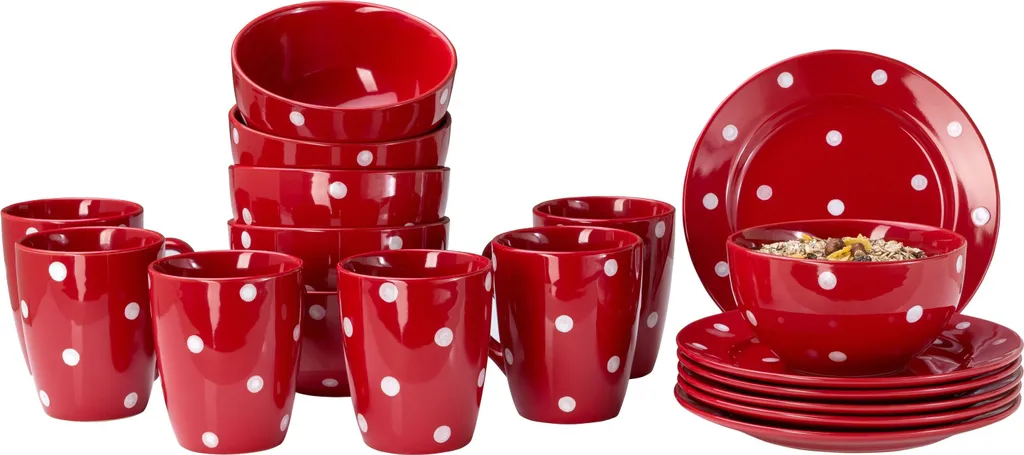 Emily 18tlg Frühstücksset 6 Personen Rot Weiße Punkte Teller Kaffeebecher Schalen Geschirrset 1 Emily 18tlg Frühstücksset 6 Personen Rot Weiße Punkte Teller Kaffeebecher Schalen Geschirrset